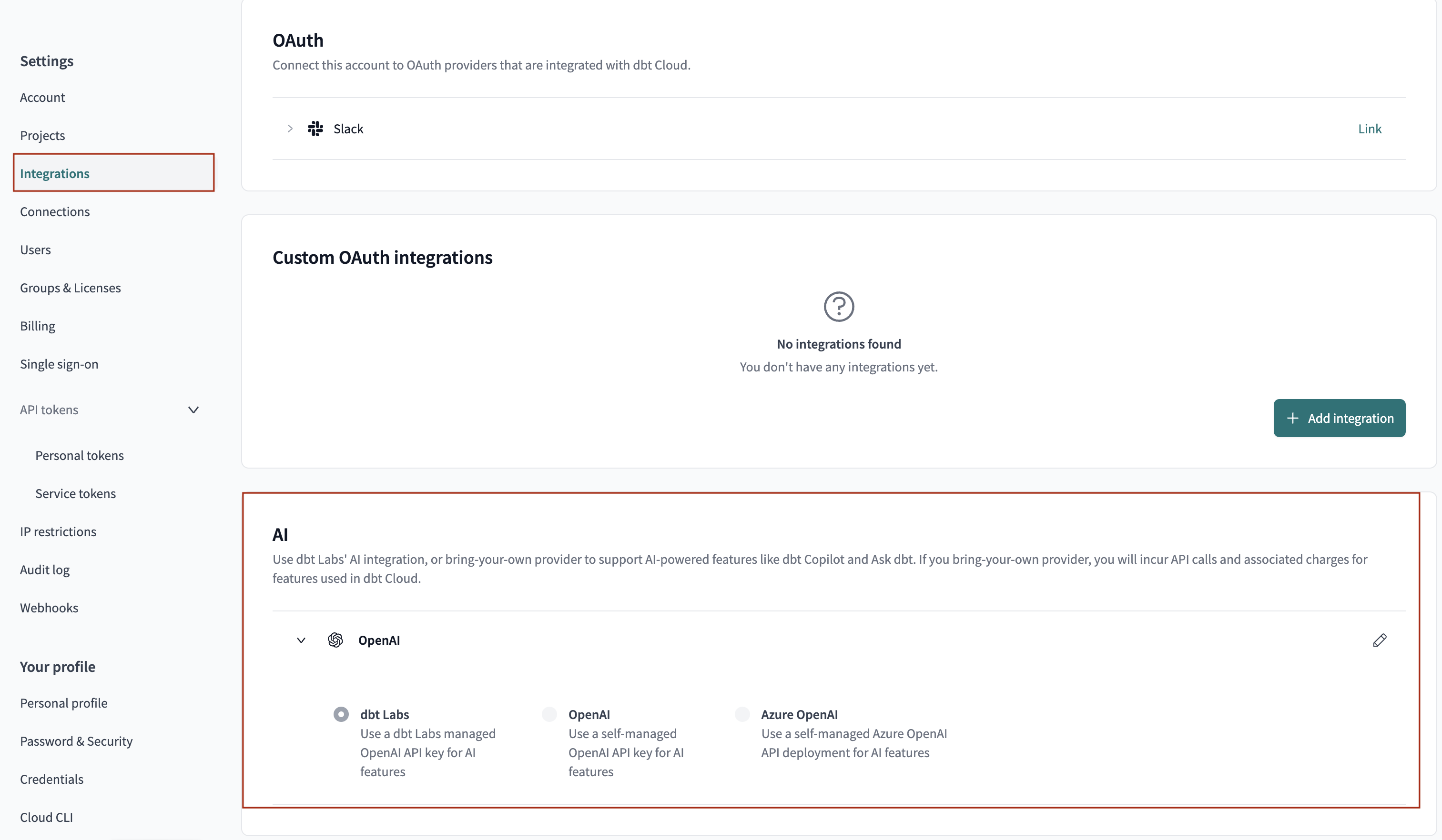 Example of the AI integration page Example of the AI integration page
